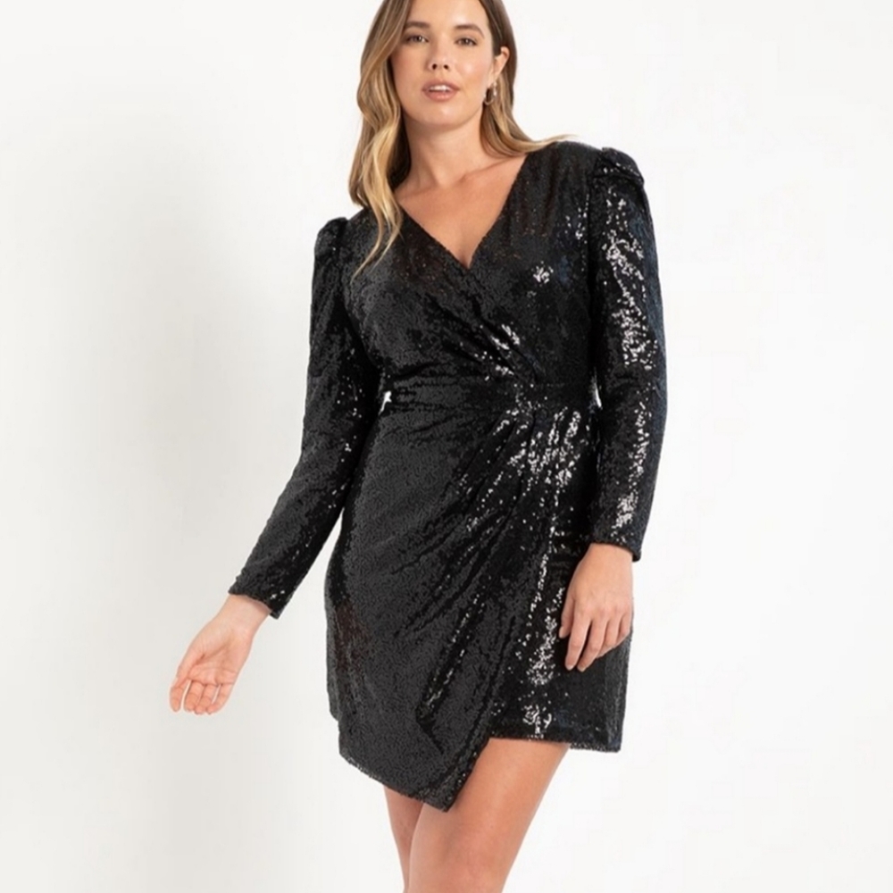 Eloquii Black Sequin Puff Sleeve Faux Wrap Dress